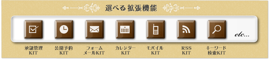 選べる拡張機能 承認管理KIT、公開予約KIT、フォームメールKIT、カレンダーKIT、モバイルKIT、RSSKIT、キーワード検索KITなど